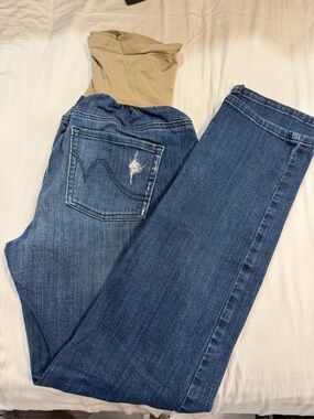 Maternity Indigo Blue Straight Leg Jeans with Beige Stretch Panel